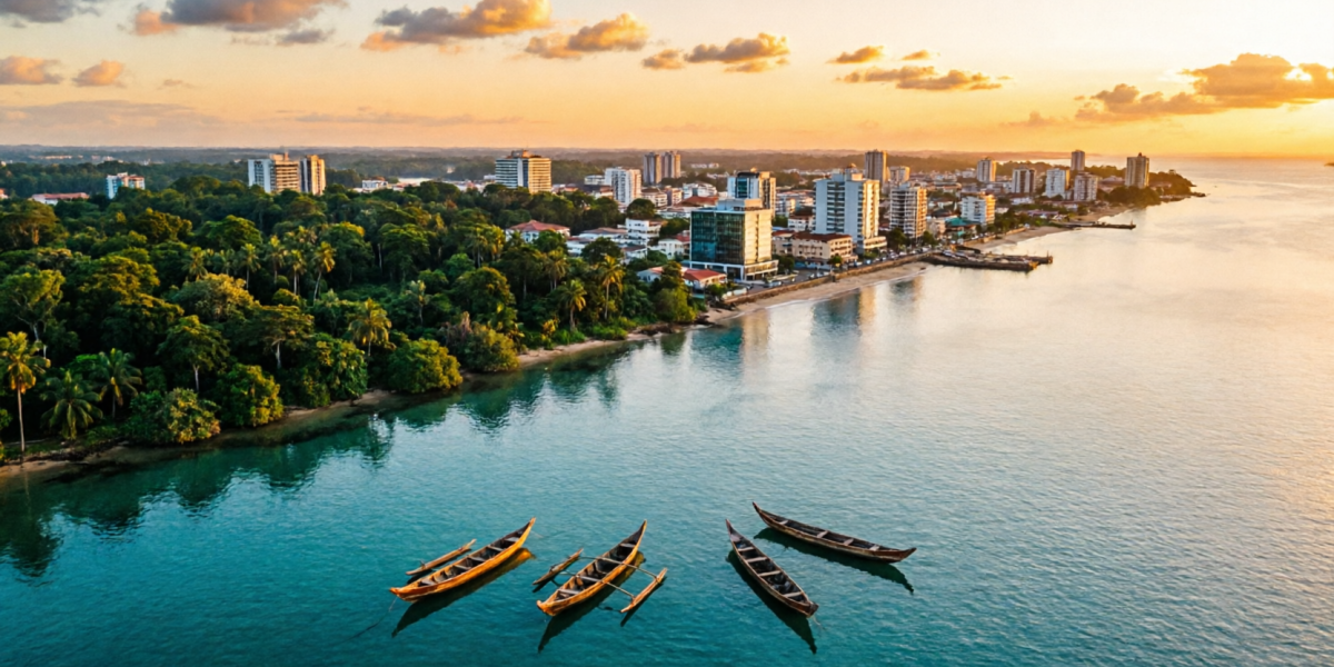 Libreville et son littoral atlantique au coucher du soleil — une ville à vivre pleinement.
